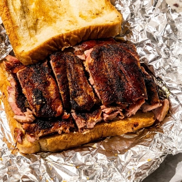 A barbecue brisket sandwich on toasted bread with a side of corn on the cob.