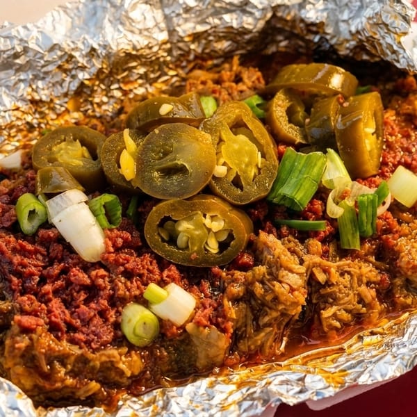 Close-up of a takeout container filled with chili, jalapeños, and green onions.