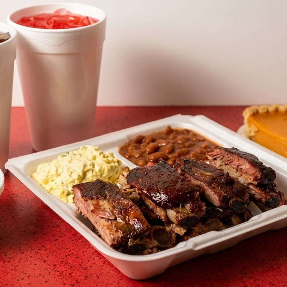 A takeout meal with BBQ ribs, baked beans, potato salad, green beans, two drinks, and pumpkin pie.
